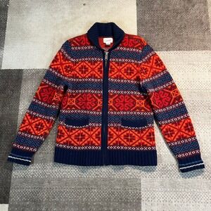 Lands End Canvas Mens Small Lambswool Full Zip Fair Isle Sweater Orange Navy